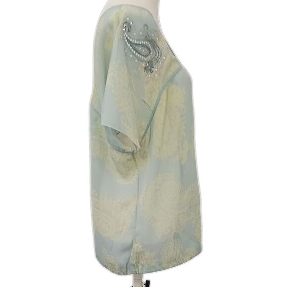 Y2K Paisley Silk Boxy Fit Blouse M Sheer Pastels Coquette Romantic Drawstring - Picture 2 of 16